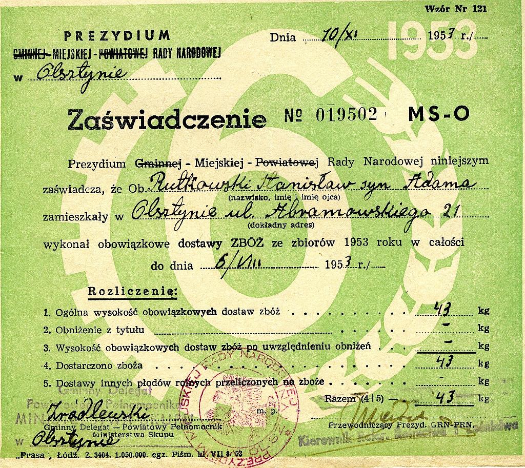 KKE 3549.jpg - Dokument . Stanisław Rutkowski zaświadczenie o obowiązkowych dostawach zbóż, Olsztyn, 1953 r.